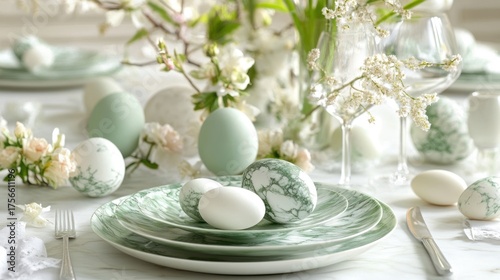 Easter dinner table setting with pastel eggs and floral arrangements
