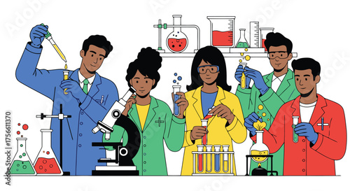 Diverse group of young scientists conducting experiments in a laboratory