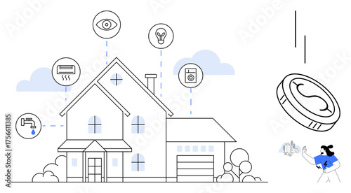 Modern house with smart technology icons for lighting, heating, appliances, water, and security. Ideal for technology, IoT, energy saving, home innovation automation management tools smart living