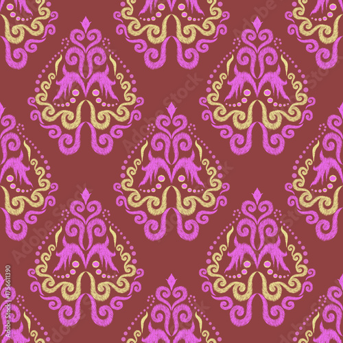 Ikat-style damask patterns in various vibrant and earth-toned colors, featuring a textured, handcrafted look perfect for textiles or wallpaper.