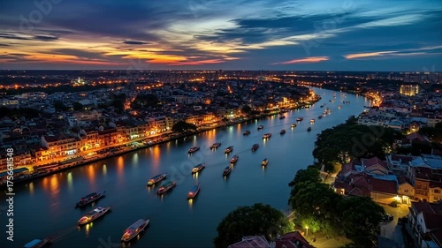 Vibrant River City at Dusk Boats Navigate Illuminated Waterways Under a Dramatic Twilight Sky