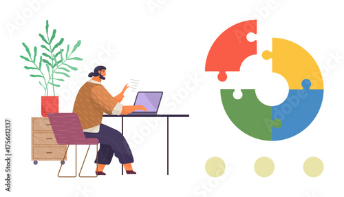 Person working at desk with laptop, reviewing documents next to plant and file cabinet. Circular puzzle chart symbolizes collaboration, analysis, and innovation. Ideal for teamwork, workflow, goals