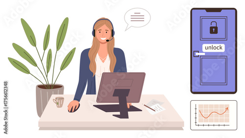 Woman wearing headset at desk with monitor, plant, chart, and locked door icon. Ideal for customer service, communication, problem-solving, security data workflow remote work. Simple flat metaphor
