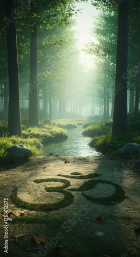 Om symbol made of moss on a forest path with a stream and sunny trees. Meditation, yoga, and healthy lifestyle concept for spiritual wellness.