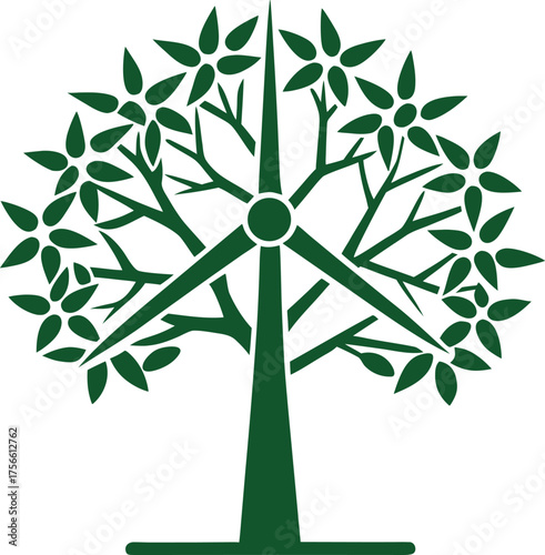 Eco Wind Turbine Tree Silhouette Icon - Green Renewable Energy and Sustainable Nature Conservation Design AI EPS PNG
