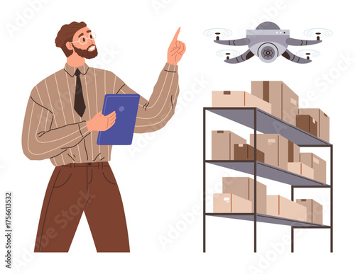 Man with clipboard pointing at flying quadcopter near shelves of boxes for stock tracking. Ideal for logistics, supply chain, inventory management, warehouse automation, smart technology, business