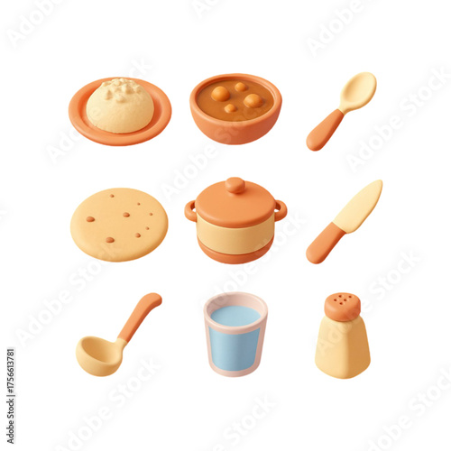 Cute 3d food and kitchen utensils collection isolated on transparent background