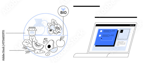 Variety of fresh organic produce, BIO label, and preserved items placed near a laptop screen with digital content. Ideal for technology, sustainability, healthy food, organic marketing, online
