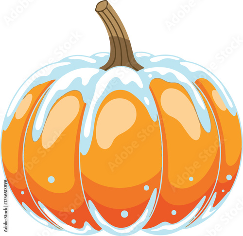 A vibrant orange pumpkin with a brown stem, generously covered in stylized white and light blue snow or frost, indicating cold weather.
