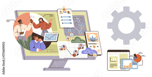 Diverse team members collaborating, charts, profiles, task flow, and digital tools on a monitor. Ideal for teamwork, remote work, workflows, productivity software project management simple flat