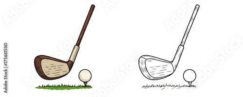 Golf wood club or driver hitting a white ball placed on a tee on green grass in color and black and white outline drawing