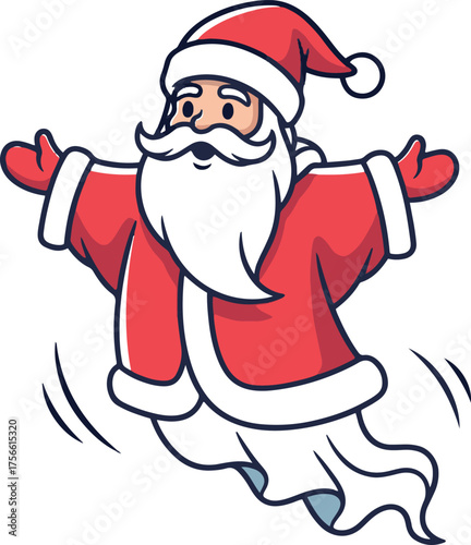 A fun and whimsical cartoon illustration of Santa Claus with his arms outstretched, floating or flying with a playful, ghost-like lower body, embodying a festive and lighthearted spirit.