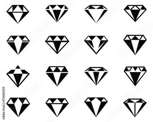 Diamond and Gemstone Icon Set – Flat, Vector and Black Silhouette Designs for Jewelry, Web and Mobile