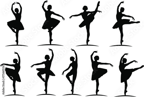 Ballet Dancer Silhouettes in Classical Poses with Graceful Arm and Leg Movements, Stage Balance, Artistic Vector Style, and Dance Elegance