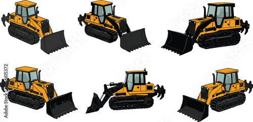 PrintCollection of yellow bulldozers and construction tractors, heavy industrial machinery for earthmoving, excavation, construction site, engineering, and roadwork equipment illustration