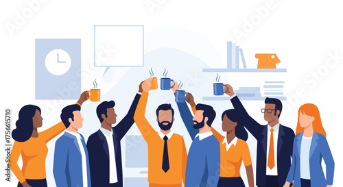 Diverse group of business professionals celebrating success with coffee in modern office, feeling motivated and united, fostering positive work environment.