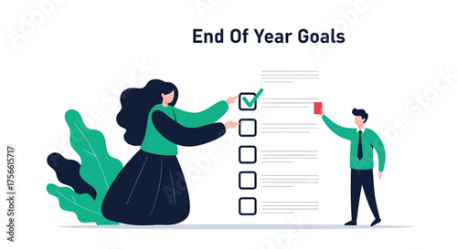 Businesswoman completing end of year goals checklist in modern office, while colleague holds red flag, symbolizing achievement and success.