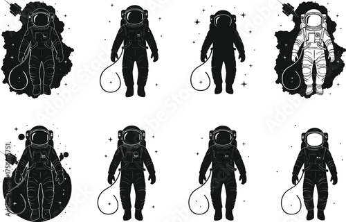 Astronaut vector set featuring space suits, floating poses, cosmic backgrounds, silhouette styles, helmet details, and abstract space exploration themes