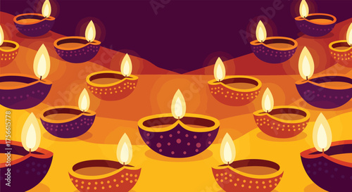 Glowing diya lamps illuminate a festive scene during Diwali celebration, creating a warm and inviting atmosphere with the traditional lights, symbolizing hope and prosperity.