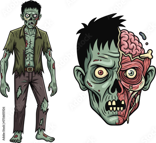 PrintCreepy zombie illustration, undead monster art, horror character, scary cartoon figure, brain-eating ghoul, Halloween undead design, spooky zombie head, apocalyptic creature
