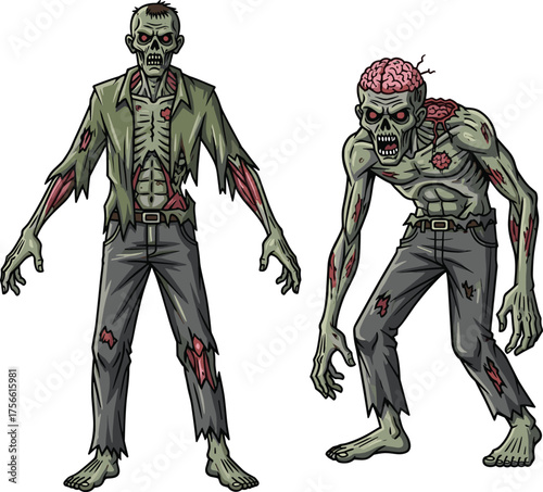 PrintCreepy zombie monsters cartoon illustration, scary undead characters with exposed brains, Halloween horror concept art, spooky apocalypse walking dead design
