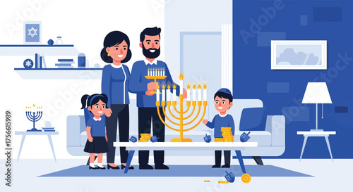 Happy family celebrating Hanukkah at home, lighting menorah and enjoying the holiday spirit in a cozy living room with blue accents.