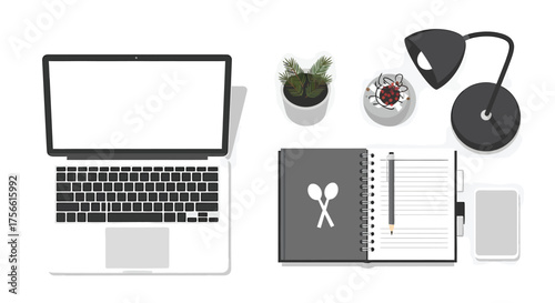 Laptop and office supplies arranged neatly on a desk in a home office, creating a productive and organized workspace with a minimalist aesthetic.