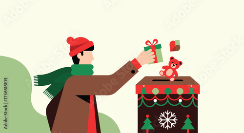 Man donating christmas gifts and teddy bear into decorated donation box during holiday season, spreading cheer and goodwill to those in need.
