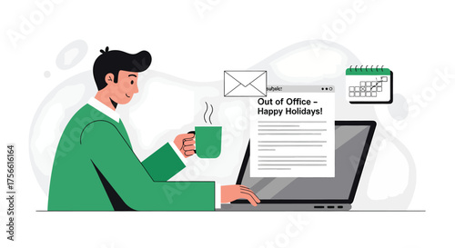 Man working on laptop with out of office message and coffee cup in modern office, enjoying holiday break and relaxed atmosphere.
