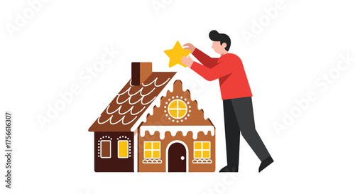 Man placing star on gingerbread house during christmas holiday season, preparing festive decoration with care and joy, creating a warm and inviting atmosphere.