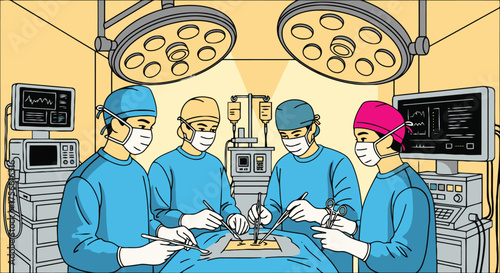 Surgical team performing operation under bright operating room lights