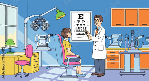 Optometrist examines patient using eye chart and equipment