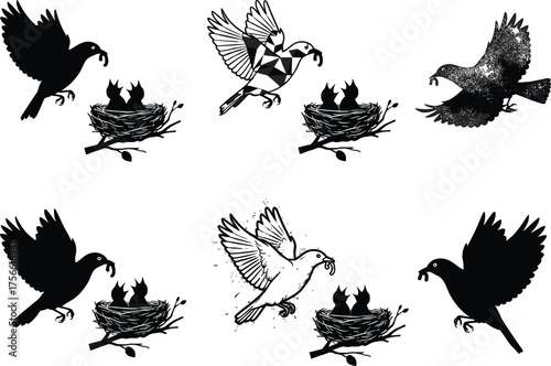 Bird feeding nest silhouette set showing parent birds nurturing chicks, nature care scenes, wildlife bonding, and artistic avian family designs.