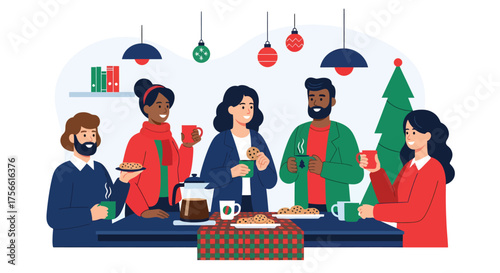 Diverse group of colleagues celebrating christmas in the office with coffee and snacks, enjoying a festive atmosphere during a holiday gathering.