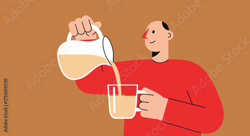 Man pours liquid from pitcher into glass in kitchen, preparing a refreshing beverage in a warm and inviting atmosphere.