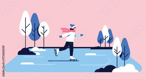 Person ice skating on frozen pond surrounded by snowcovered trees in winter wonderland scene, creating a joyful and festive atmosphere.