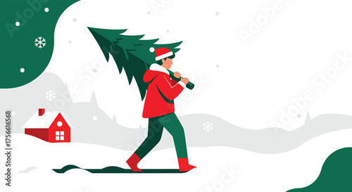Young man carries christmas tree through snowy landscape near cozy house, celebrating winter holidays with festive cheer and anticipation.