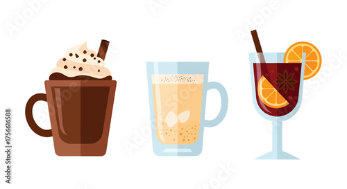 Variety of warm winter drinks displayed on white surface, including hot chocolate, eggnog, and mulled wine, creating a cozy and festive atmosphere.