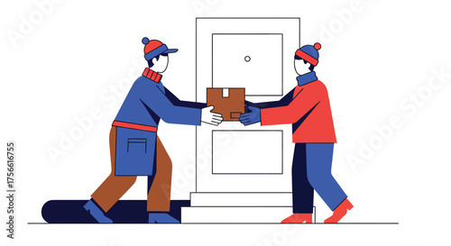 Delivery man handing package to customer at front door in winter, showcasing convenience and efficiency of modern delivery services.