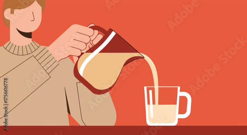 Person pouring liquid from pitcher into glass on red table, creating a simple and minimalist scene with warm tones and clean lines.
