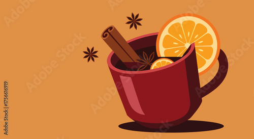 Cozy mug of mulled wine steaming with cinnamon and orange slices on warm brown surface, perfect for winter holidays and festive cheer.