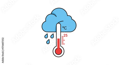 Thermometer showing 25 degrees celsius with rain cloud, indicating a cool and rainy weather condition forecast
