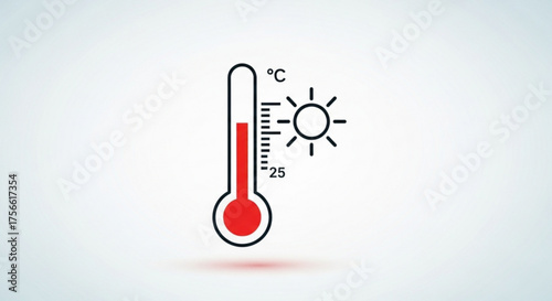 Illustration of a thermometer showing a high temperature, indicating a heatwave or hot weather, symbol of summer and climate change