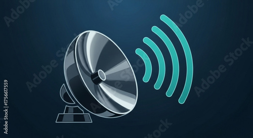 Satellite dish illustration on blue background symbolizing communication, technology, and global connectivity, essential for broadcasting and data transmission