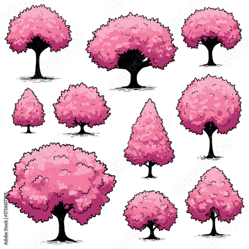 Various stylized pink trees with full canopies and dark trunks in different shapes and sizes on a white background. Vector illustration