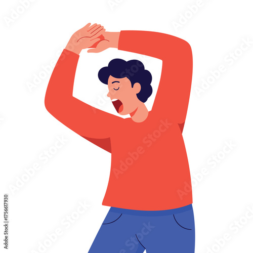 Young hispanic male in a red sweater singing passionately with arms raised and eyes closed. Vector illustration