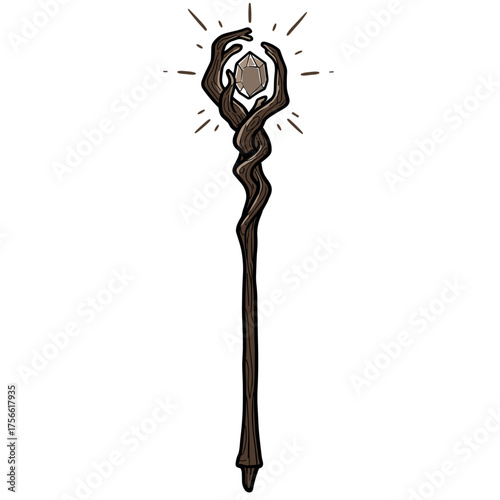 Enchanted wooden staff with an intricate design, featuring a crystal orb clasped by carved hands at the top. Vector illustration