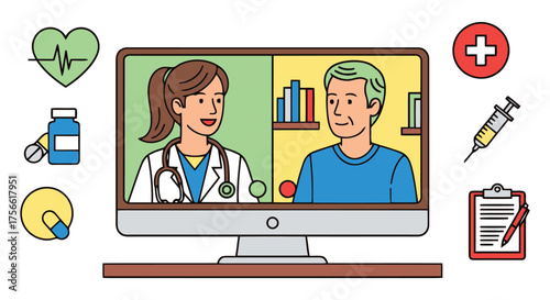 Doctor and patient interacting on a computer screen for telehealth