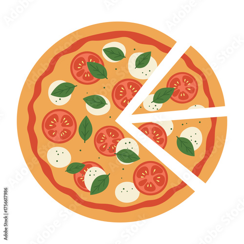 A whole pizza topped with fresh tomato slices, mozzarella cheese, and basil leaves, with one slice slightly separated. Vector illustration