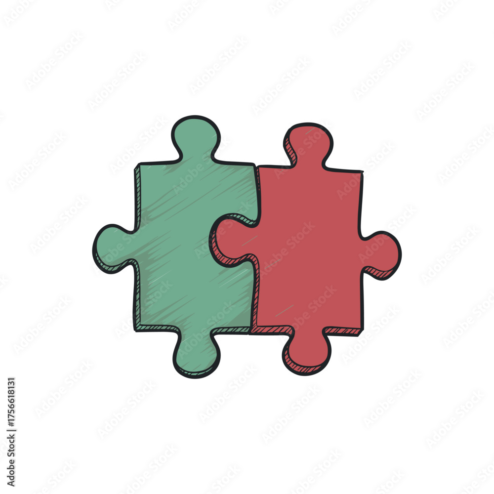 Fototapeta premium Two interlocking jigsaw puzzle pieces, one green and one red, symbolize connection and collaboration. Vector illustration